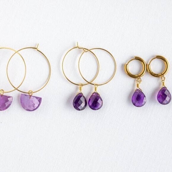 Amethyst Drop Huggie Earrings Waterproof Gold Dangle Earrings Genuine Gemstone - Picture 3 of 7